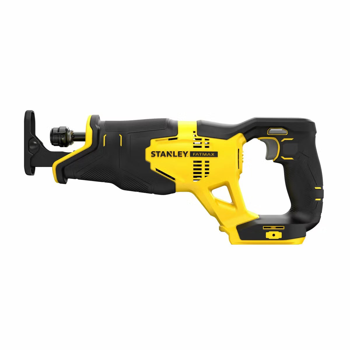Side profile view of the yellow and black Stanley Fatmax 18V cordless reciprocating saw equipped with a 4Ah V20 battery and cutting blade on a concrete work surface.