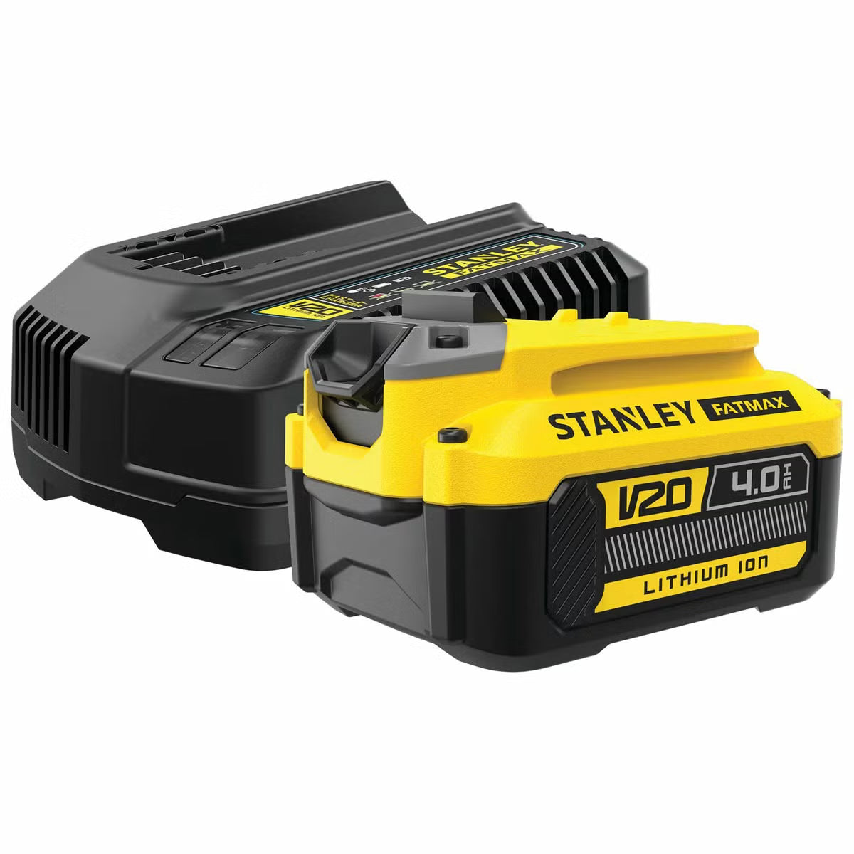 Side profile view of the yellow and black Stanley Fatmax 18V cordless reciprocating saw equipped with a 4Ah V20 battery and cutting blade on a concrete work surface.