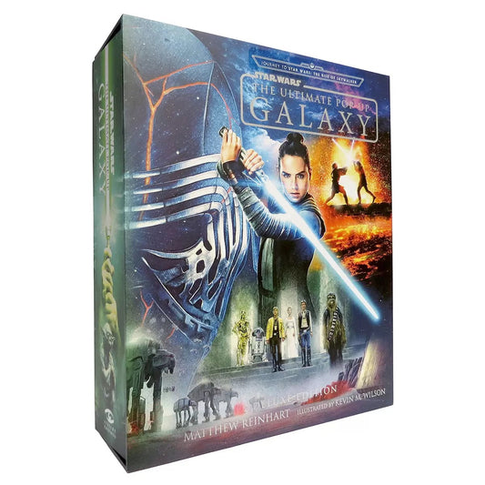Star Wars Deluxe Pop-Up Book in textured black hardback, viewed at a three-quarter angle on a clean display surface with richly detailed colorful pop-up galaxy artwork visible inside.

