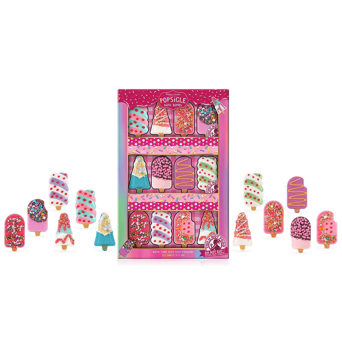 Sugar Rush Popsicle Bath Fizzer 12-pack showing colorful ice-pop shaped bath bombs arranged in three separate gift boxes on a light background.
