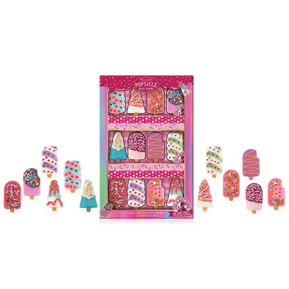 Sugar Rush Popsicle Bath Fizzer 12-pack showing colorful ice-pop shaped bath bombs arranged in three separate gift boxes on a light background.