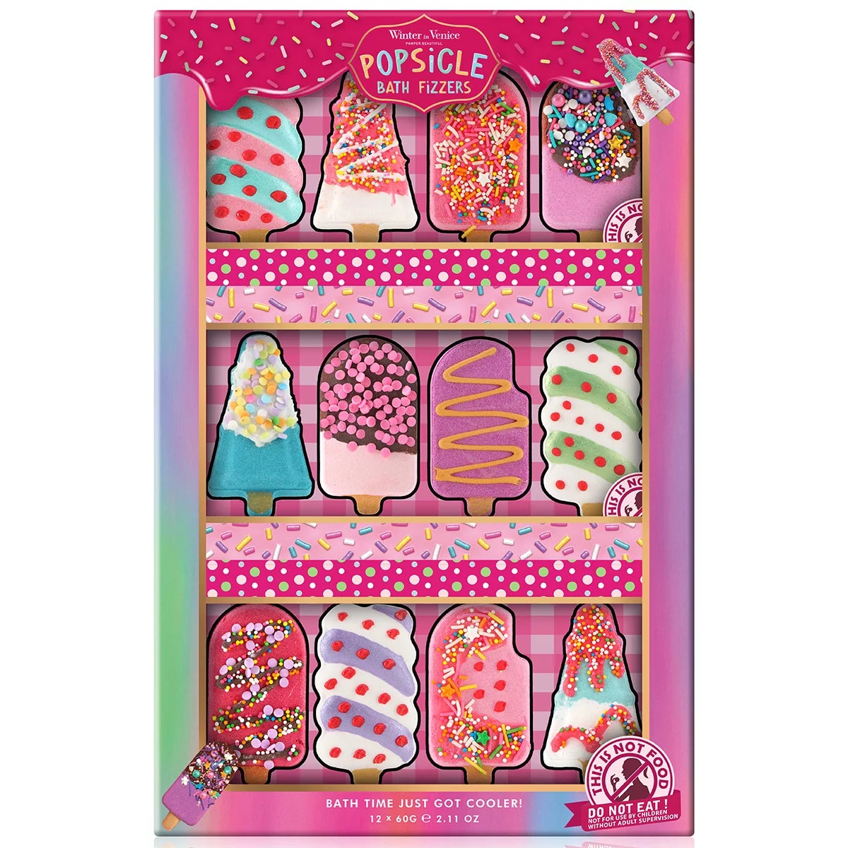 Sugar Rush Popsicle Bath Fizzer 12-pack showing colorful ice-pop shaped bath bombs arranged in three separate gift boxes on a light background