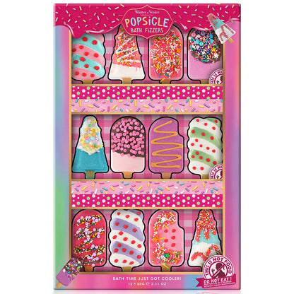 Sugar Rush Popsicle Bath Fizzer 12-pack showing colorful ice-pop shaped bath bombs arranged in three separate gift boxes on a light background