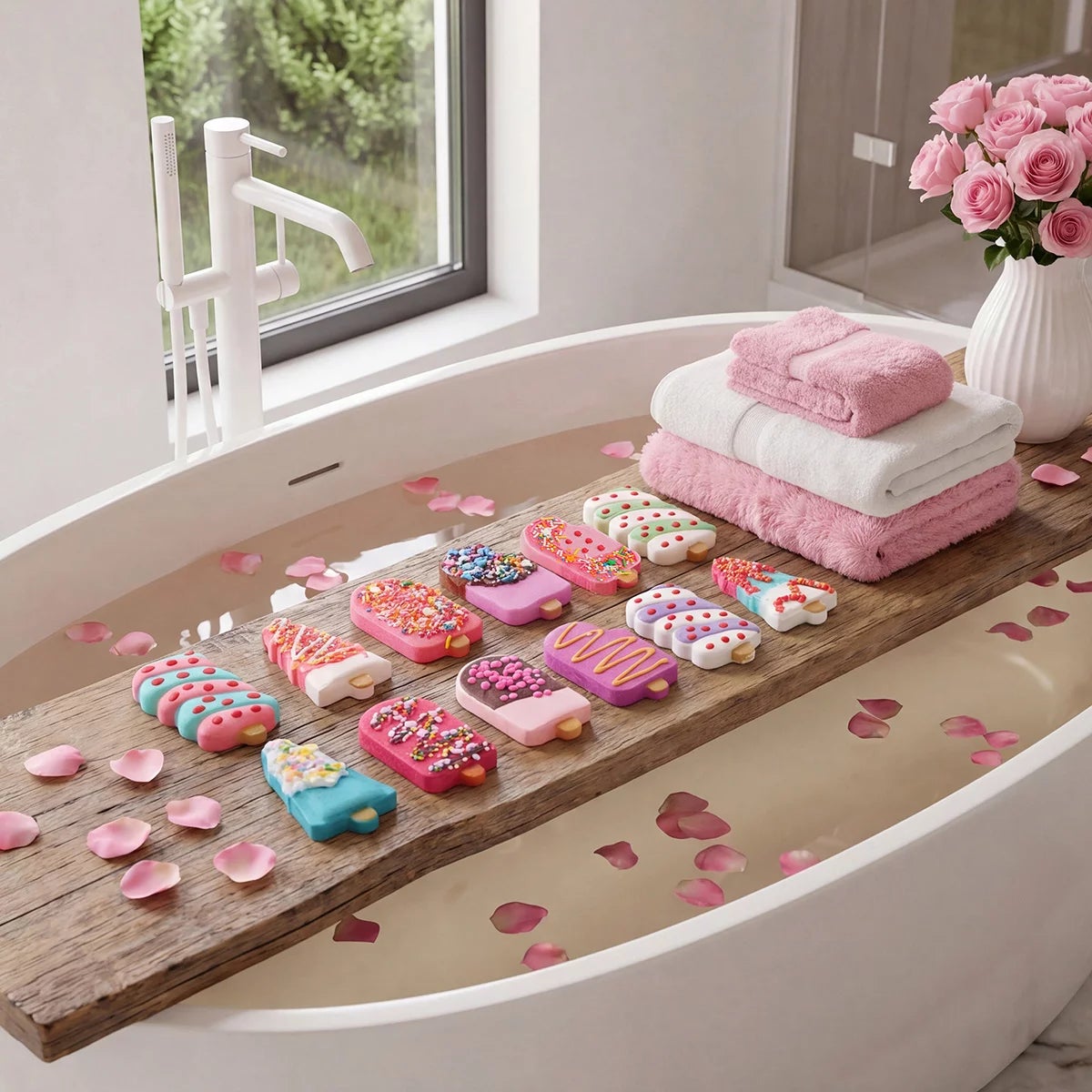 Sugar Rush Popsicle Bath Fizzer 12-pack showing colorful ice-pop shaped bath bombs arranged in three separate gift boxes on a light background