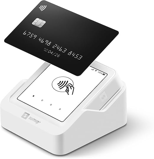 SumUp Solo touchscreen card reader with charging station, free SIM card, unlimited mobile data, and contactless payment support.