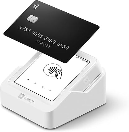 SumUp Solo touchscreen card reader with charging station, free SIM card, unlimited mobile data, and contactless payment support.
