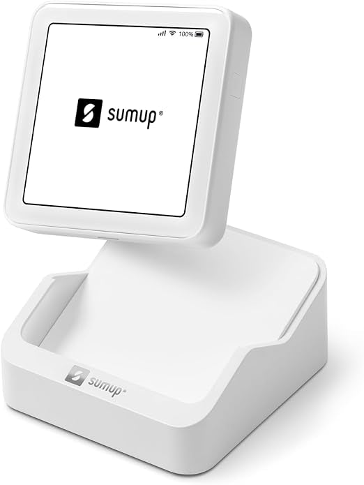 SumUp Solo touchscreen card reader with charging station, free SIM card, unlimited mobile data, and contactless payment support.