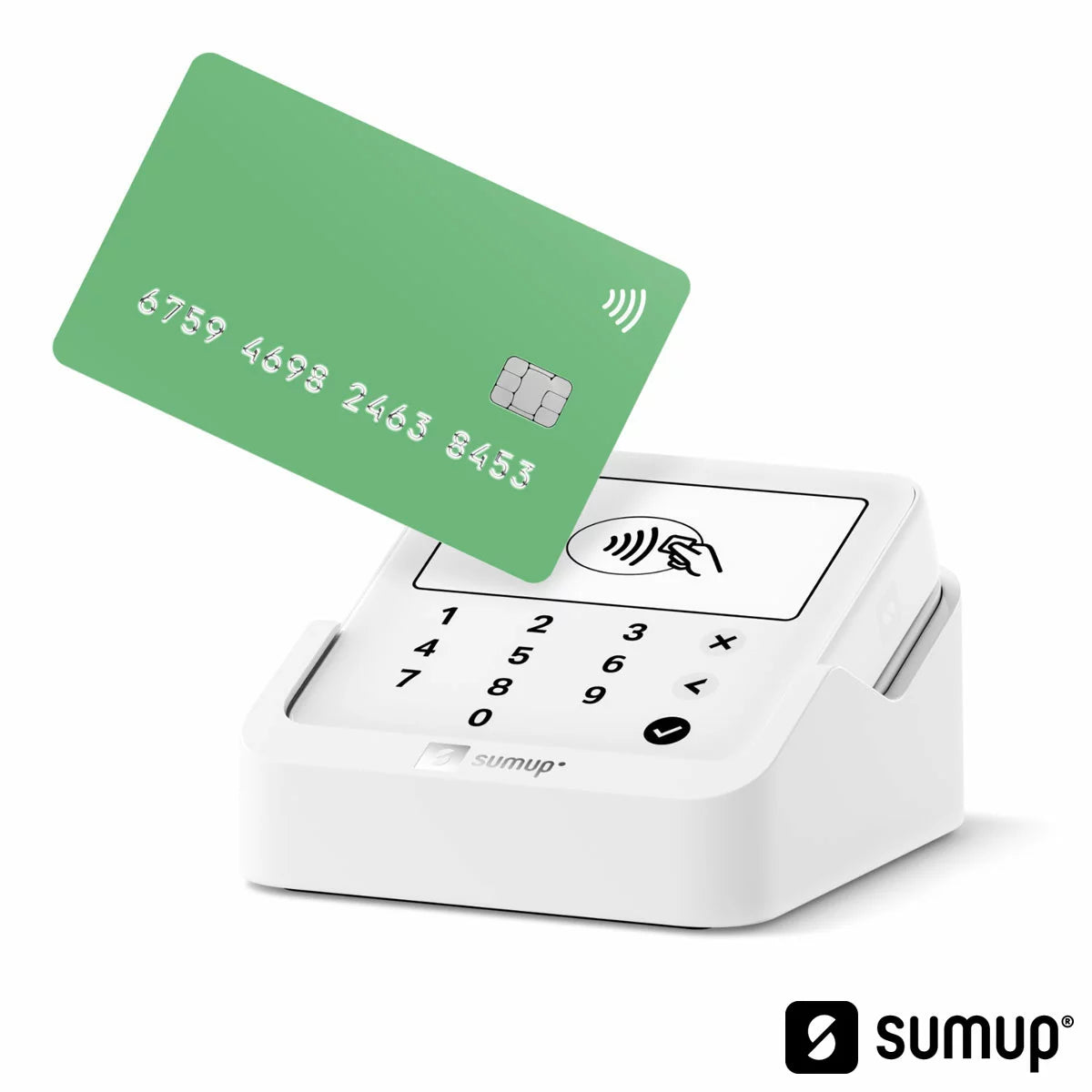 SumUp Solo Lite card reader mounted upright on its sleek black charging station against a clean retail countertop backdrop.