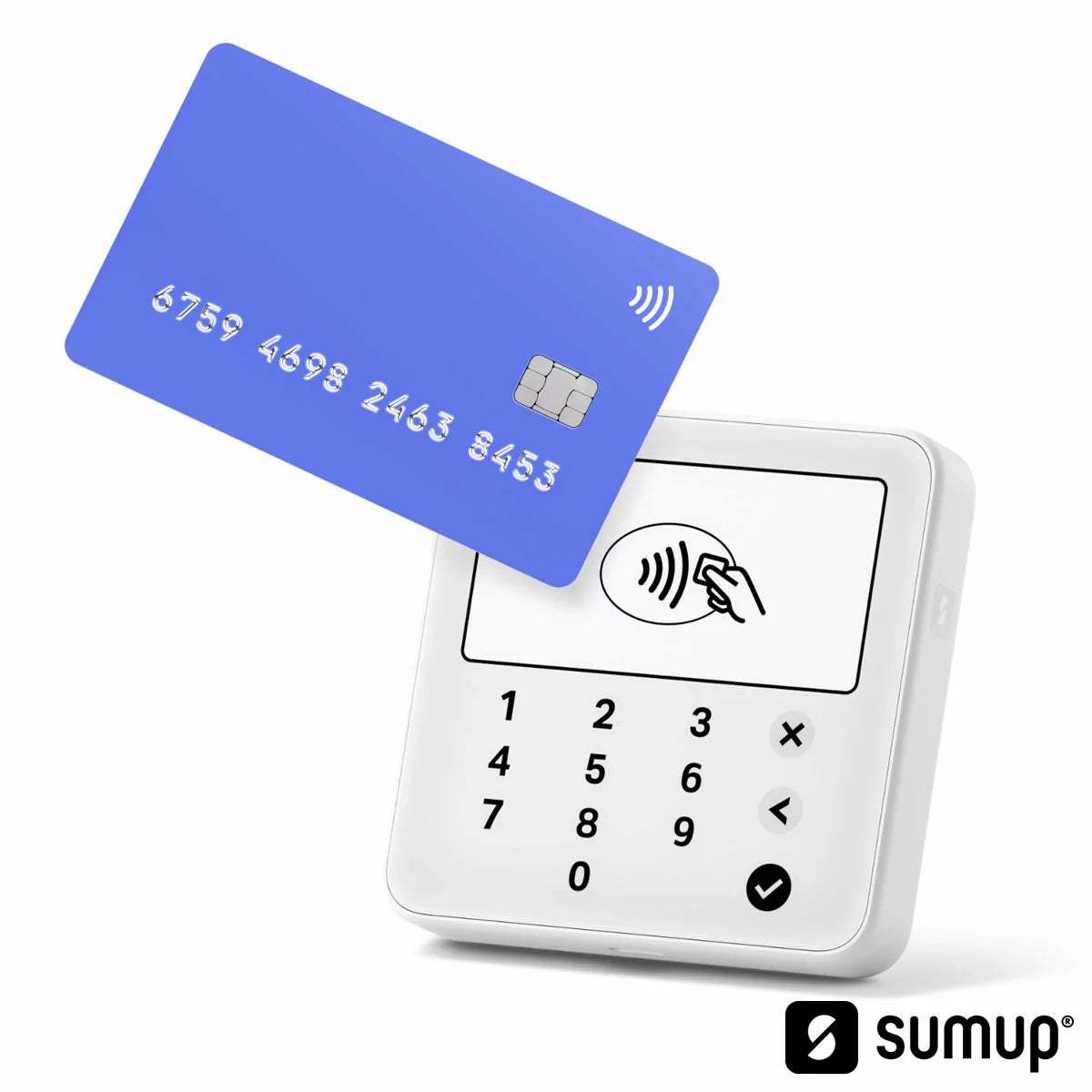 White SumUp Solo Lite compact card reader with digital screen displaying a payment prompt on a counter next to a smartphone.