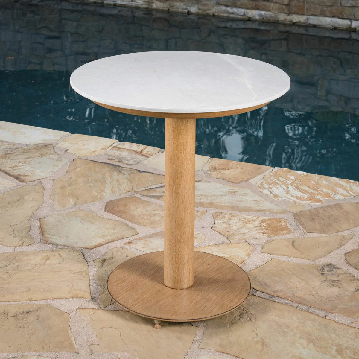 SunVilla Charme 3-Piece Bistro Set featuring honey oak finish chairs and a Permastone round table on a clean patio surface.