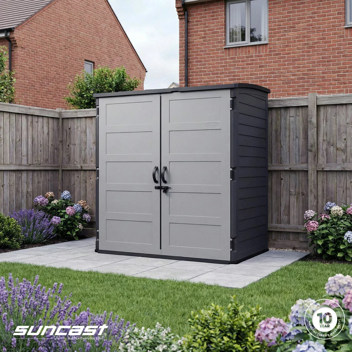 Suncast 3000L vertical storage shed with doors open, showcasing adjustable shelving and tool hooks organised with garden equipment on a patio.