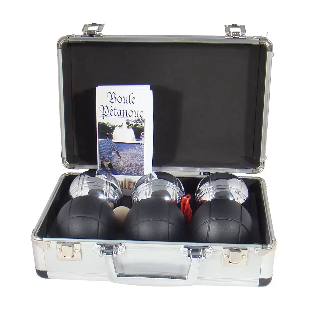 A Sunsport Boules Petanque set featuring six polished and black metal balls, a wooden jack, and a measuring tape arranged neatly next to an open aluminium storage case on a grassy garden lawn.