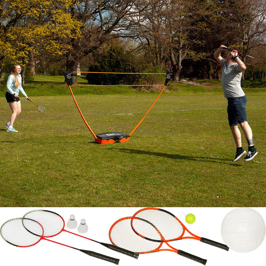 The Sure Shot 3-in-1 garden sports set assembled on a sunny lawn with the storage base anchoring the net, surrounded by the included tennis rackets, badminton rackets, volleyball, and pump.
