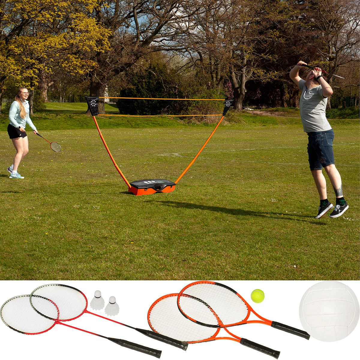 Complete Sure Shot 3-in-1 sports set set up on a green garden lawn showing the adjustable net, tennis rackets, badminton rackets, shuttles, and volleyball neatly laid out beside the blue base trunk.