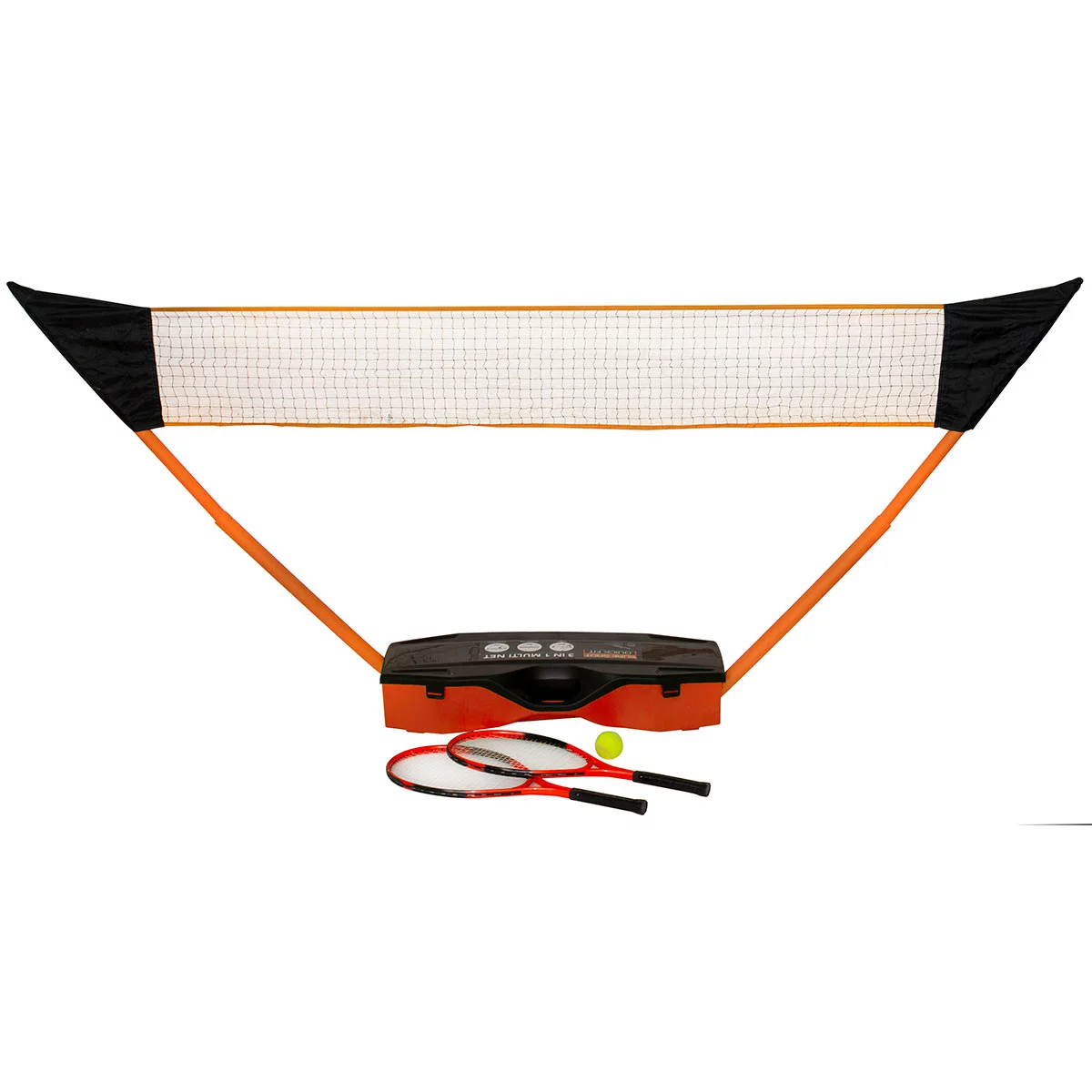 Complete Sure Shot 3-in-1 sports set set up on a green garden lawn showing the adjustable net, tennis rackets, badminton rackets, shuttles, and volleyball neatly laid out beside the blue base trunk.