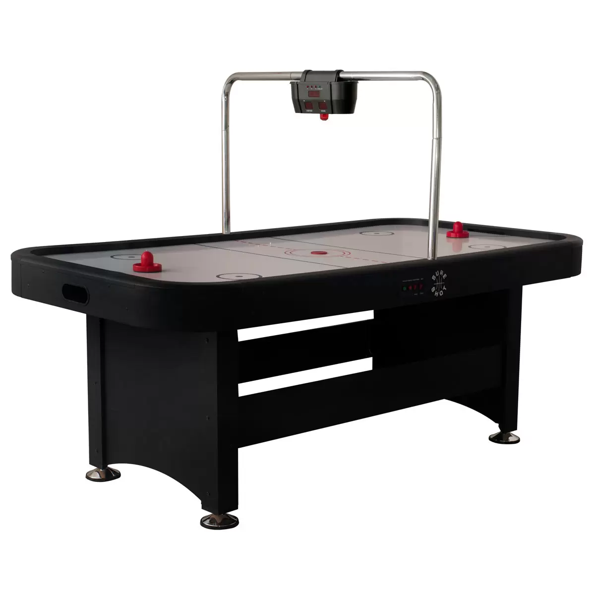Full view of the black and silver Sure Shot Championship 7ft Air Hockey Table standing on thick braced legs, showing its illuminated white playing surface and overhead electronic scoring arch.