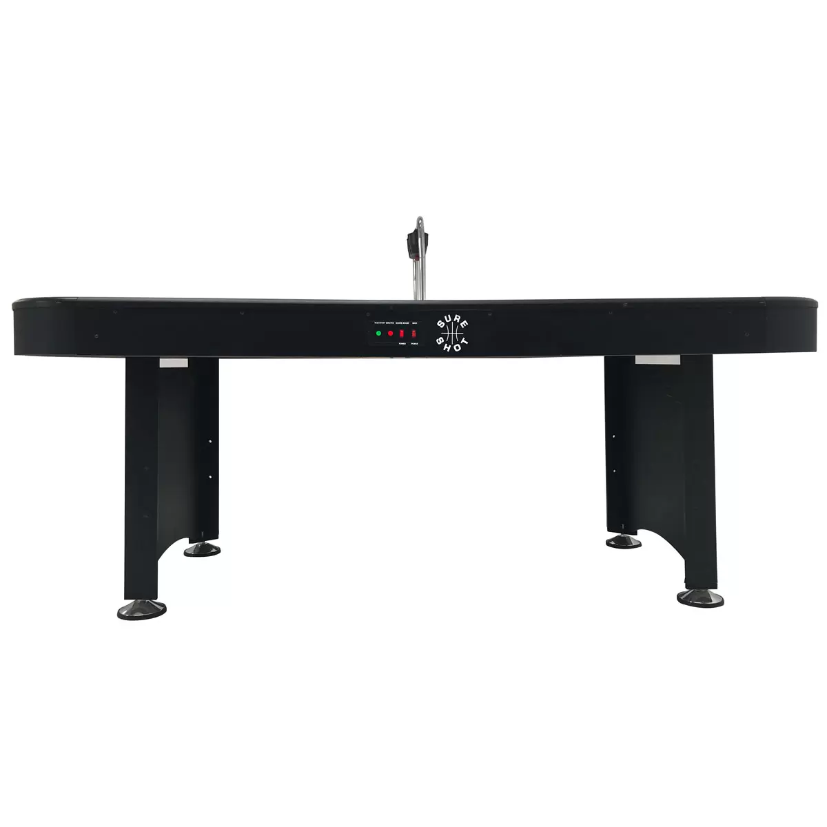 Full view of the black and silver Sure Shot Championship 7ft Air Hockey Table standing on thick braced legs, showing its illuminated white playing surface and overhead electronic scoring arch.