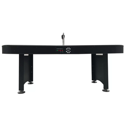 Full view of the black and silver Sure Shot Championship 7ft Air Hockey Table standing on thick braced legs, showing its illuminated white playing surface and overhead electronic scoring arch.