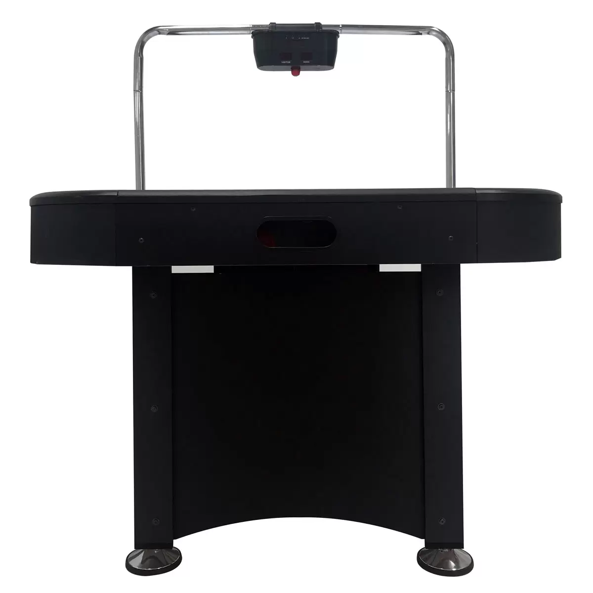 Full view of the black and silver Sure Shot Championship 7ft Air Hockey Table standing on thick braced legs, showing its illuminated white playing surface and overhead electronic scoring arch.