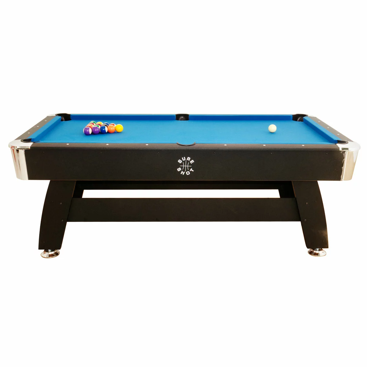 Three-quarter overview of the black Sure Shot Elite Pro 7ft Pool Table showing its green cloth surface, polished chrome corner caps, and large adjustable feet set on a grey modern flooring.
