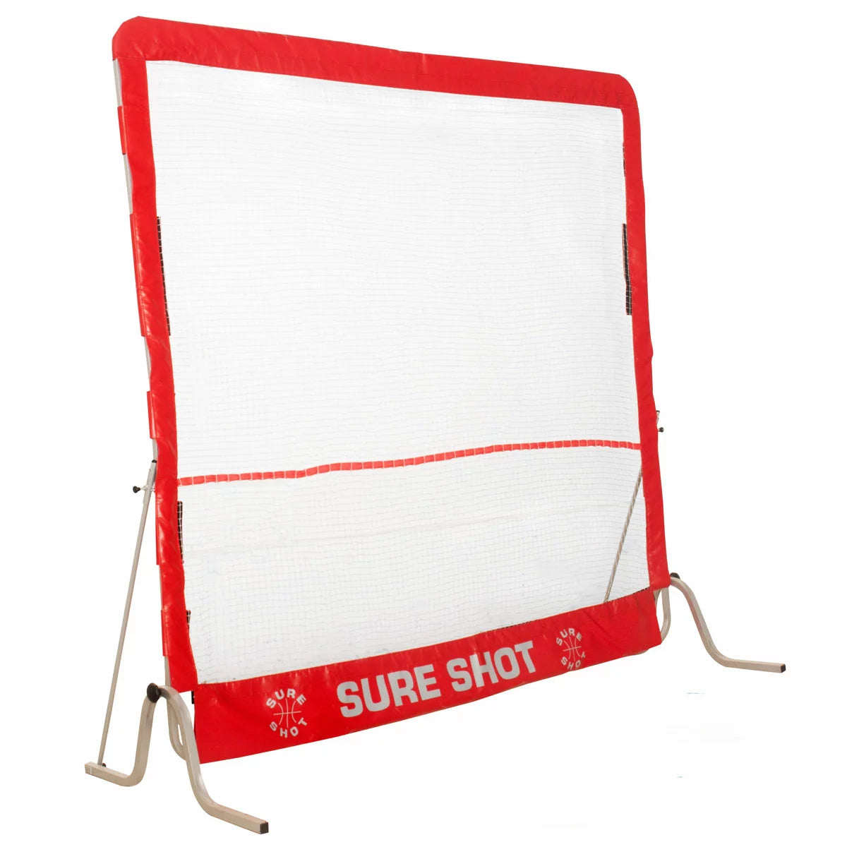 Side-angle view of the blue Sure Shot Squash Starter Kit showing the tilted aluminium rebound net, two 27-inch rackets, and three large blue squash balls on grass.
