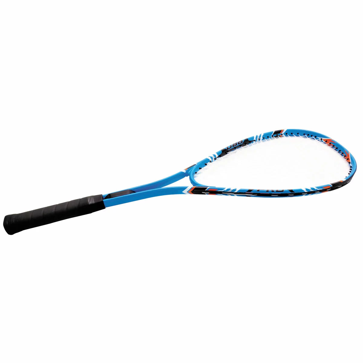 Side-angle view of the blue Sure Shot Squash Starter Kit showing the tilted aluminium rebound net, two 27-inch rackets, and three large blue squash balls on grass.