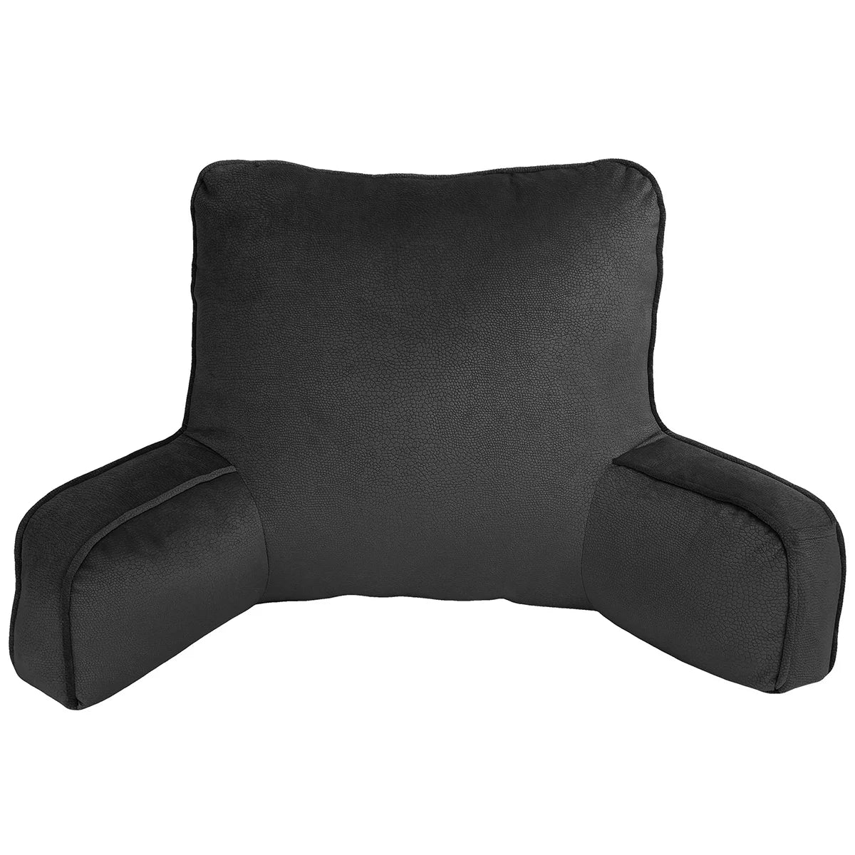 Textured faux suede backrest pillow with padded arms resting upright on a neatly made bed.