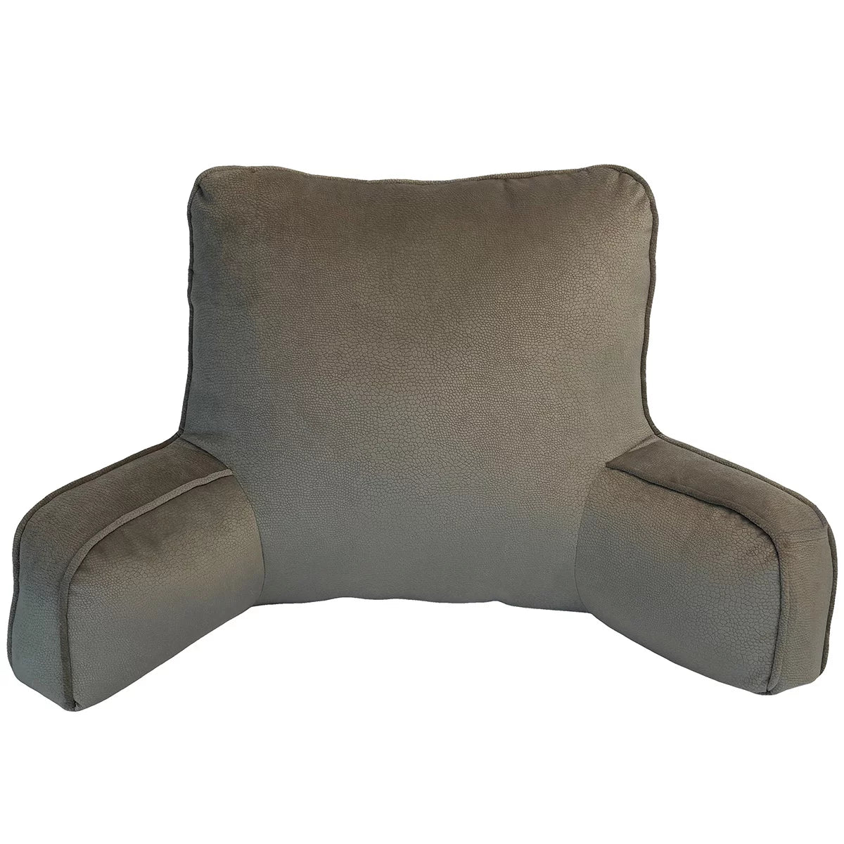 Textured faux suede backrest pillow with padded arms resting upright on a neatly made bed.