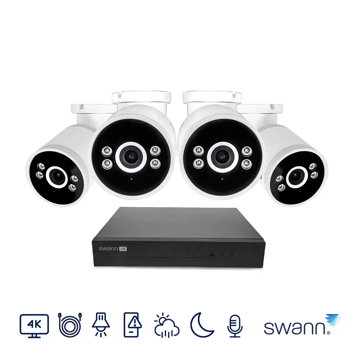 Swann 4K NVR 8 channel security system with 4 bullet cameras and 1TB HDD for home and business surveillance