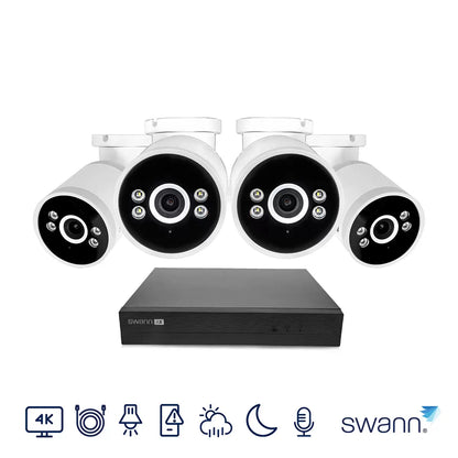 Swann 4K NVR 8 channel security system with 4 bullet cameras and 1TB HDD for home and business surveillance