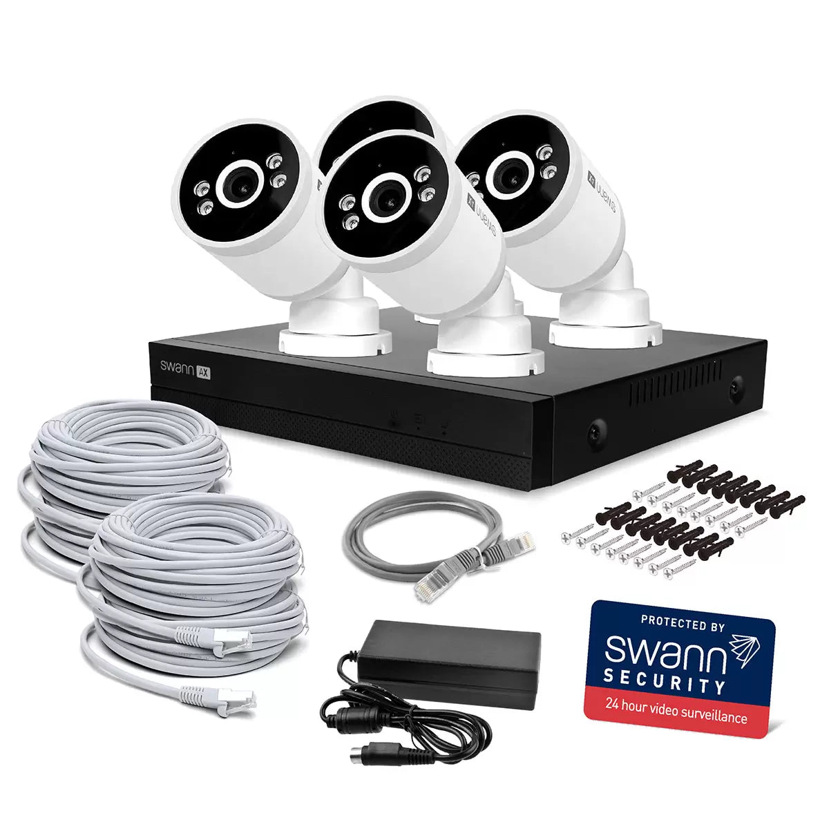 Swann 4K NVR 8 channel security system with 4 bullet cameras and 1TB HDD for home and business surveillance