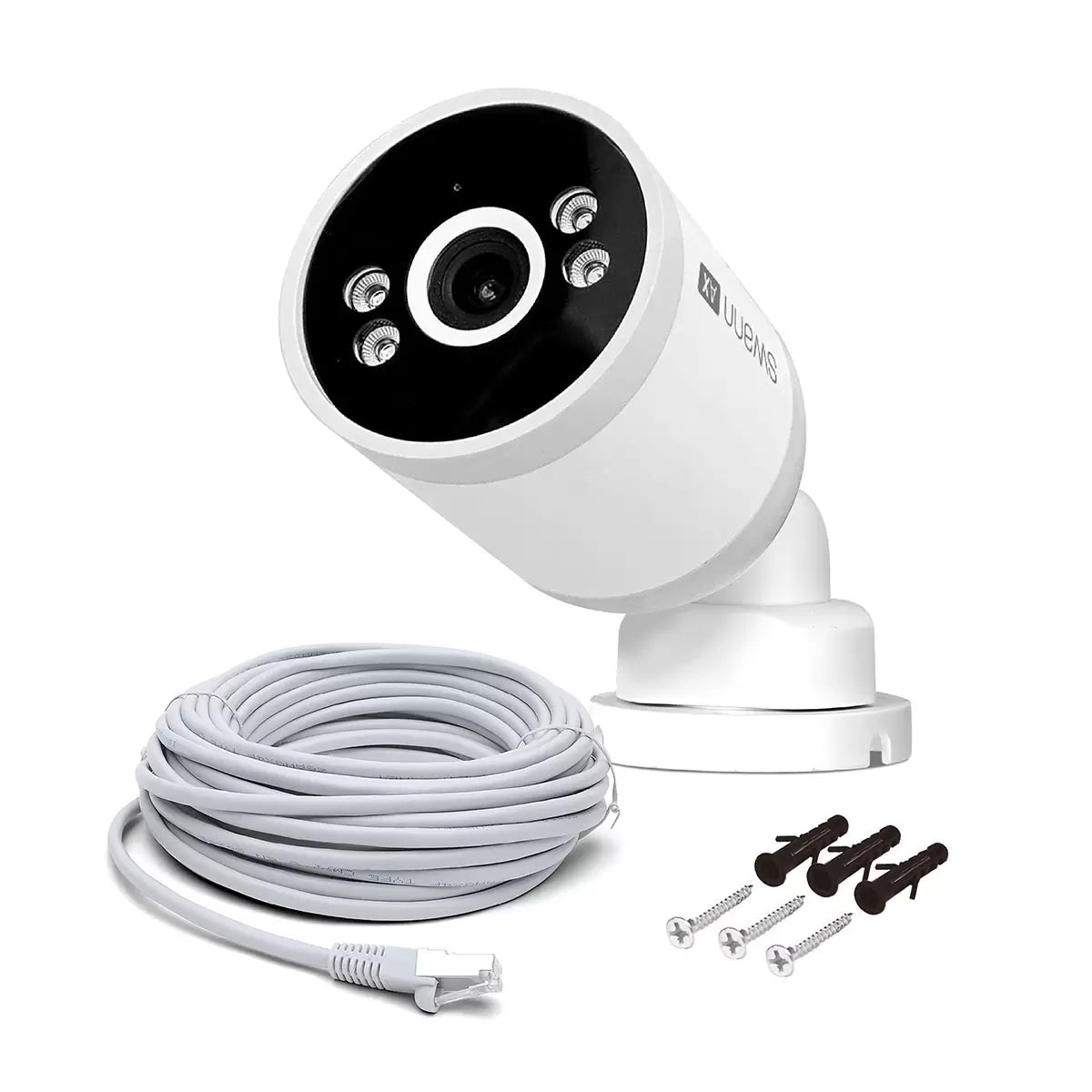 Profile view of the white and black Swann 4K bullet security camera mounted to a brick wall, showcasing its integrated LED spotlight, microphone port, and compact housing in an outdoor residential environment.
