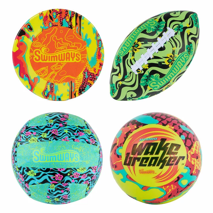 Four colorful Swimways Hydro sports balls including a football and soccer ball floating in a clear blue swimming pool.