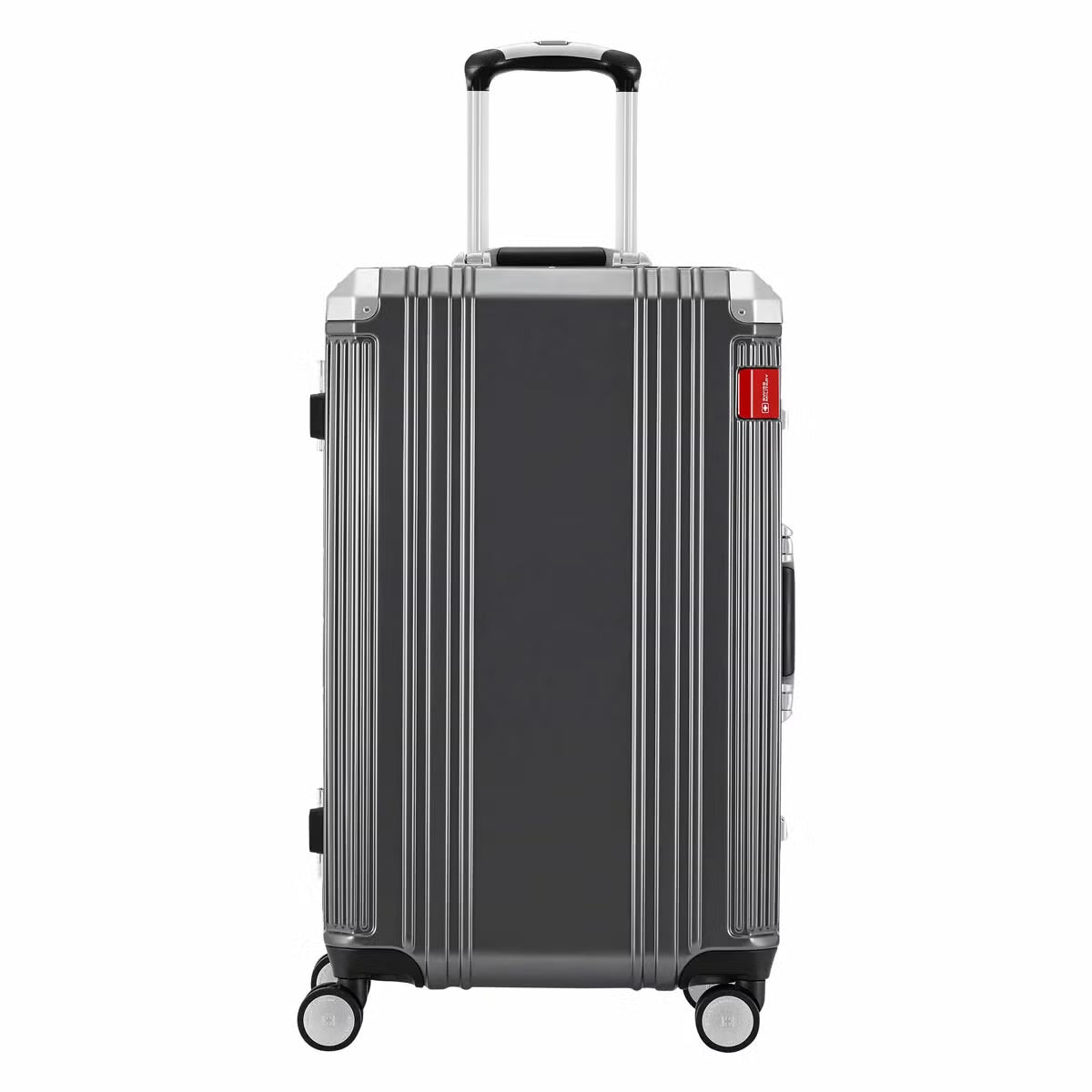Angle view of the silver and dark grey Swiss Military 63.5cm hardside suitcase showing its aluminium edge frame and double urethane wheels on a light surface.