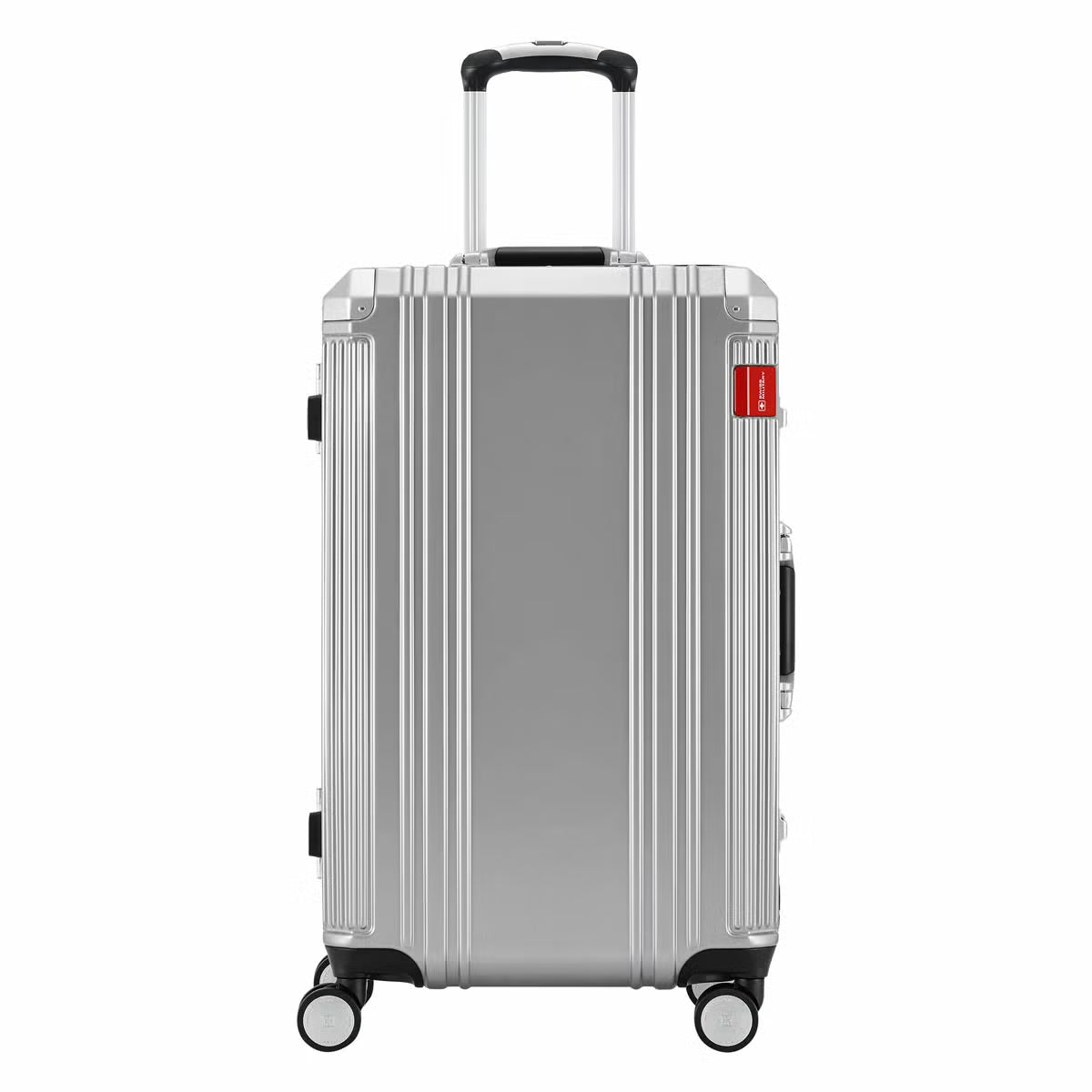 Angle view of the silver and dark grey Swiss Military 63.5cm hardside suitcase showing its aluminium edge frame and double urethane wheels on a light surface.