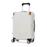 Front angle view of the Swiss Military 51cm hardside carry-on case showing the sleek polycarbonate shell, natural leather corner caps, and double spinner wheels.