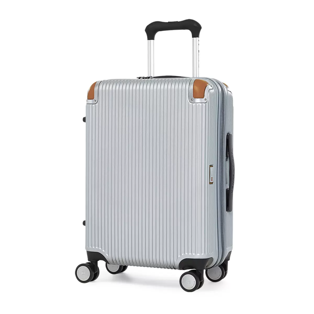 Front angle view of the Swiss Military 51cm hardside carry-on case showing the sleek polycarbonate shell, natural leather corner caps, and double spinner wheels.