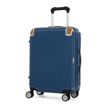 Front angle view of the Swiss Military 51cm hardside carry-on case showing the sleek polycarbonate shell, natural leather corner caps, and double spinner wheels.