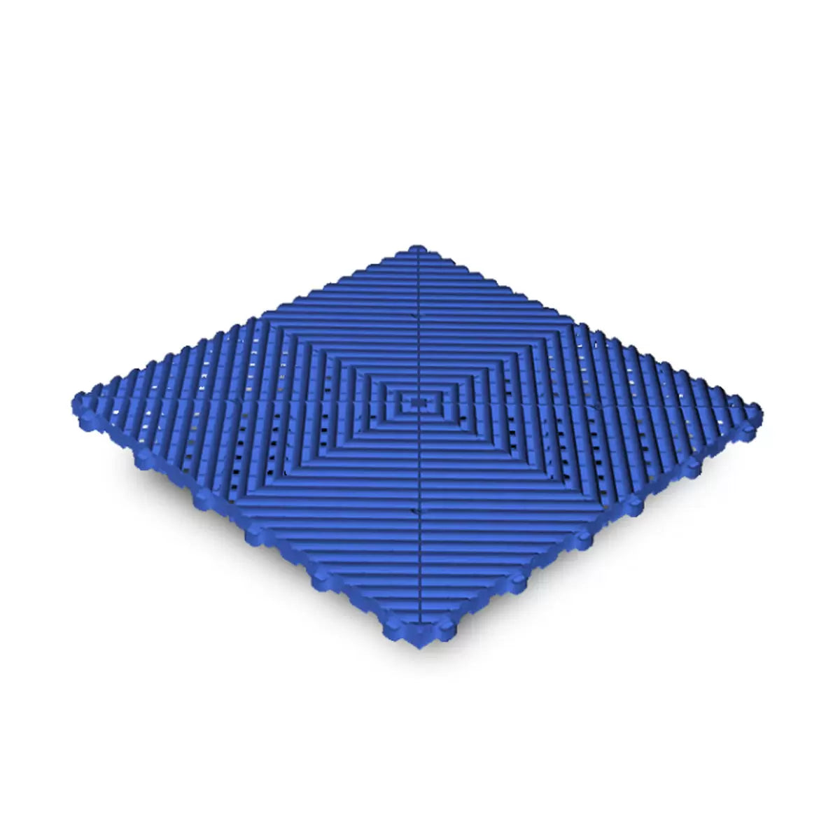 : Top-angle view of five different colored Swisstrax Ribtrax Pro vented modular 19mm interlocking garage tiles showing the peg-and-loop system on a concrete floor.
