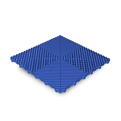 : Top-angle view of five different colored Swisstrax Ribtrax Pro vented modular 19mm interlocking garage tiles showing the peg-and-loop system on a concrete floor.