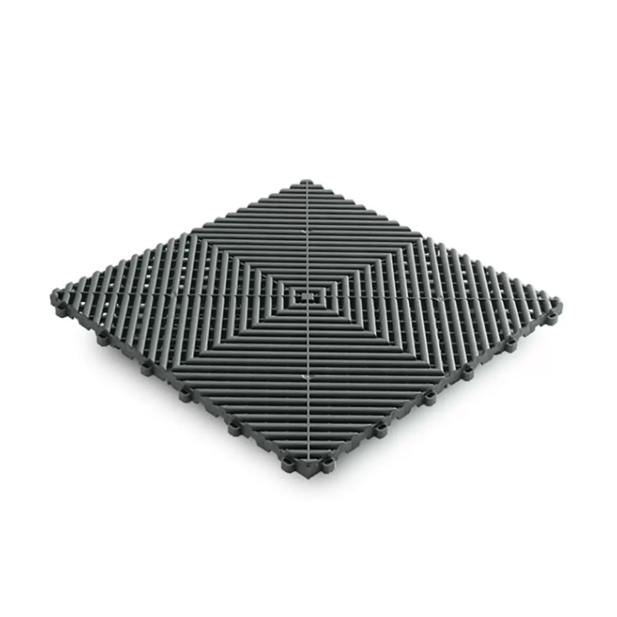 : Top-angle view of five different colored Swisstrax Ribtrax Pro vented modular 19mm interlocking garage tiles showing the peg-and-loop system on a concrete floor.