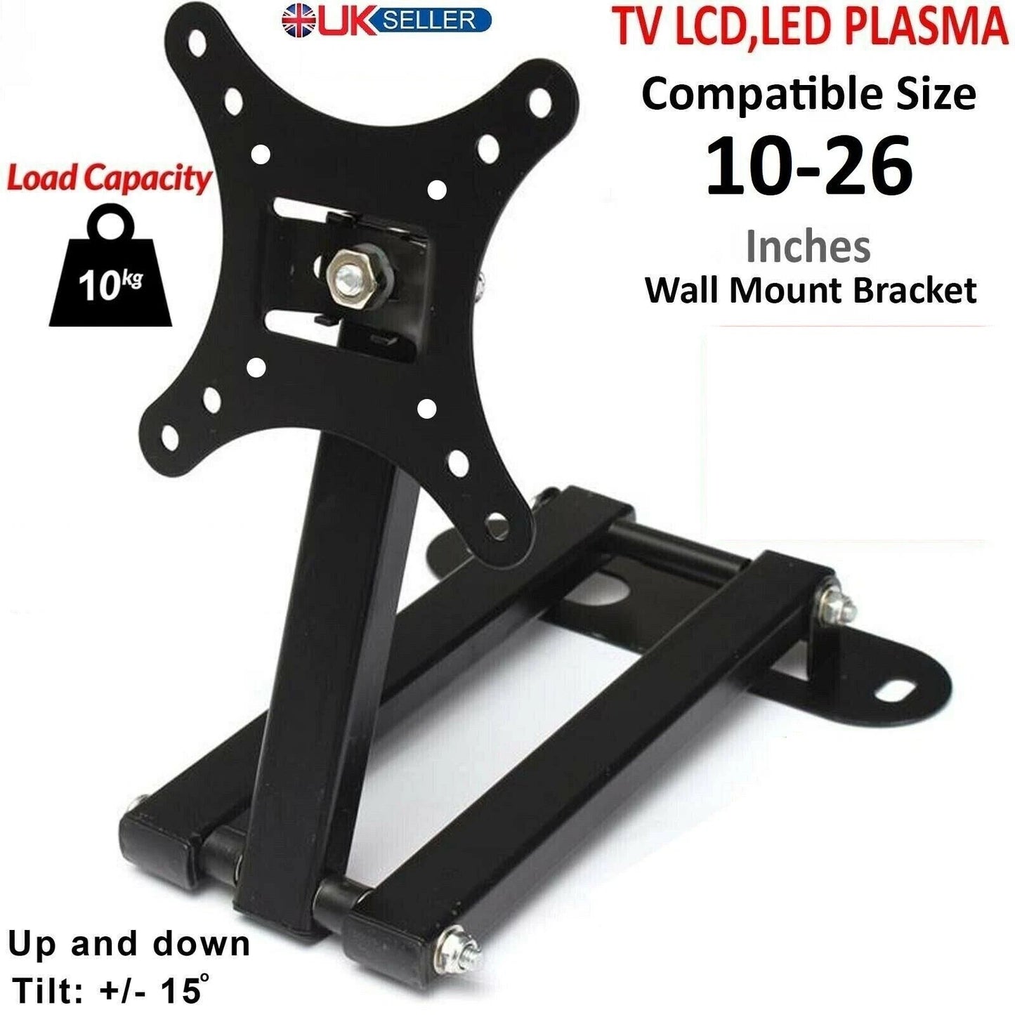A side-profile view of the compact black steel TV wall mount with its articulating arm extended, showing the sturdy hinge mechanism and mounting plate against a light-coloured wall.