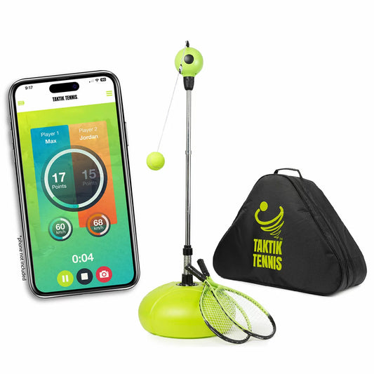 TAKTIK TENNIS interactive tetherball kit with a yellow tennis ball spiraling around a metal pole in a green garden.