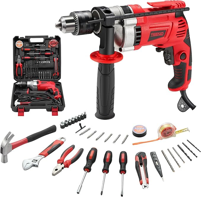 TEENO 910W electric hammer drill with 37-piece accessory kit and carrying case for home improvement.