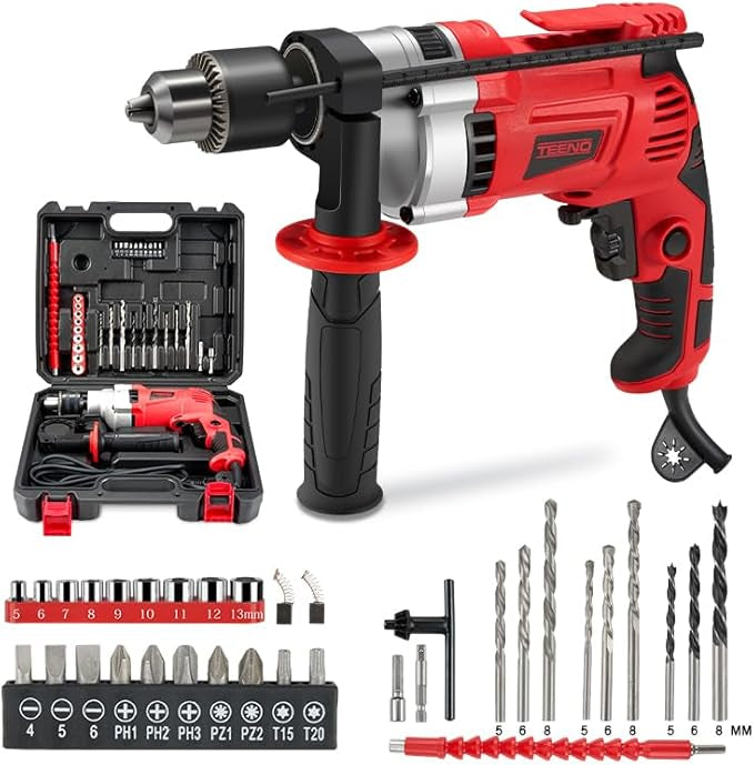 TEENO 910W electric hammer drill kit with 38-piece accessories and carrying case for concrete and wood.