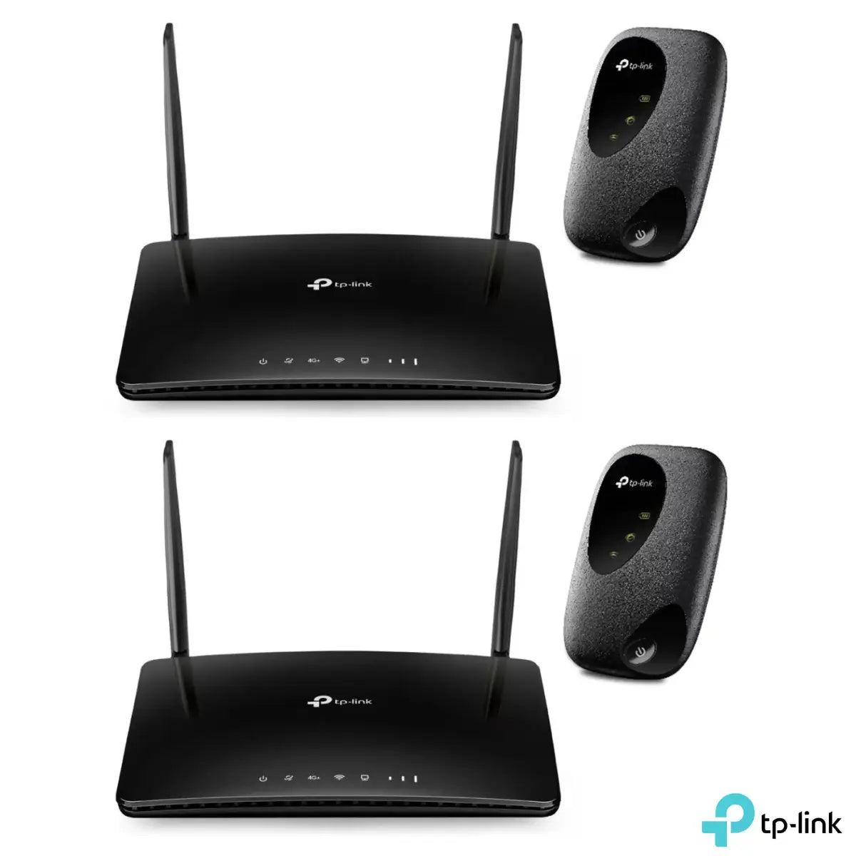 Matte black TP-Link Archer MR600 desktop router with dual external LTE antennas alongside the compact pocket-sized M7000 mobile Wi-Fi unit on a clean desk workspace.