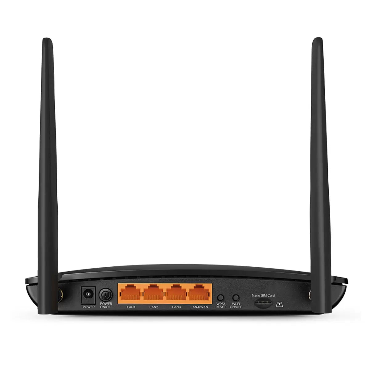 Matte black TP-Link Archer MR600 desktop router with dual external LTE antennas alongside the compact pocket-sized M7000 mobile Wi-Fi unit on a clean desk workspace.