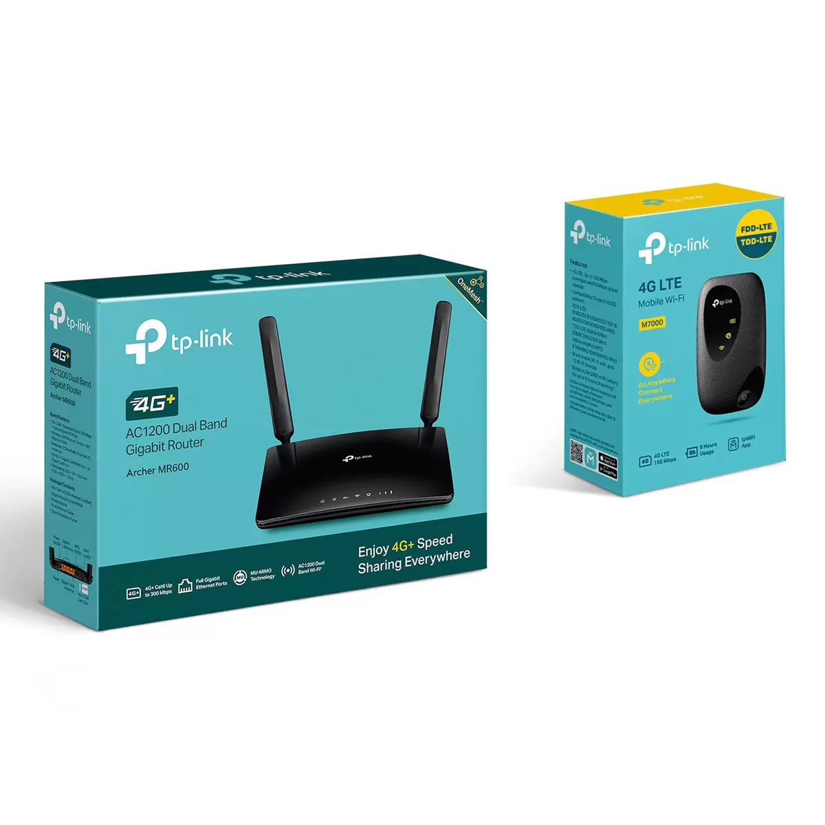 Matte black TP-Link Archer MR600 desktop router with dual external LTE antennas alongside the compact pocket-sized M7000 mobile Wi-Fi unit on a clean desk workspace.