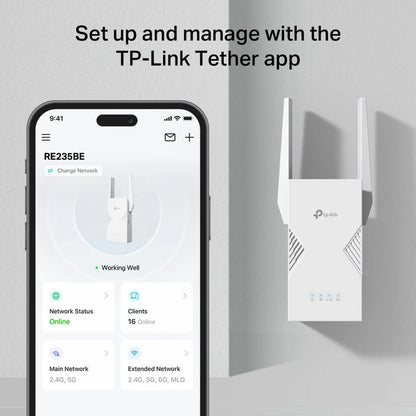 TP-Link RE235BE WiFi 7 dual-band range extender BE3600 boosting home internet coverage and signal strength/3