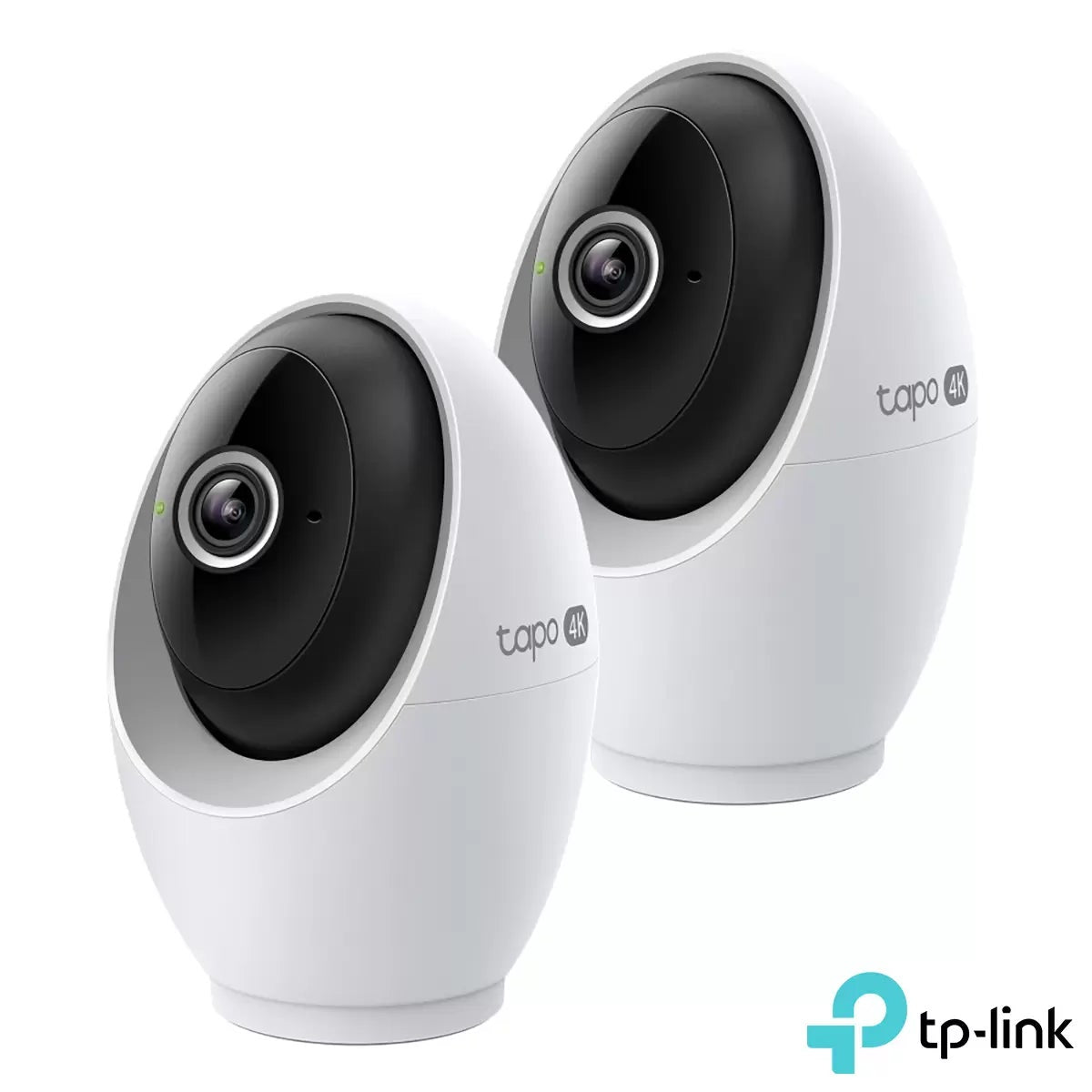 Pair of white TP-Link Tapo C260 4K pan-tilt smart indoor cameras featuring black central lenses with integrated starlight sensors.